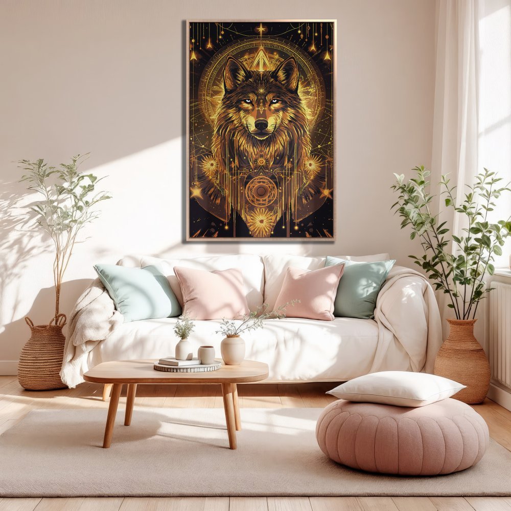 Framed Wall Art: Majestic wolf portrait in gold, black, and brown tones. Perfect for adding a touch of mystical art to your home decor.