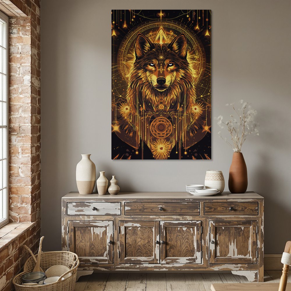 Framed Wall Art: Majestic wolf art in gold and black. Transform your space with this stunning canvas print. Perfect for any room!