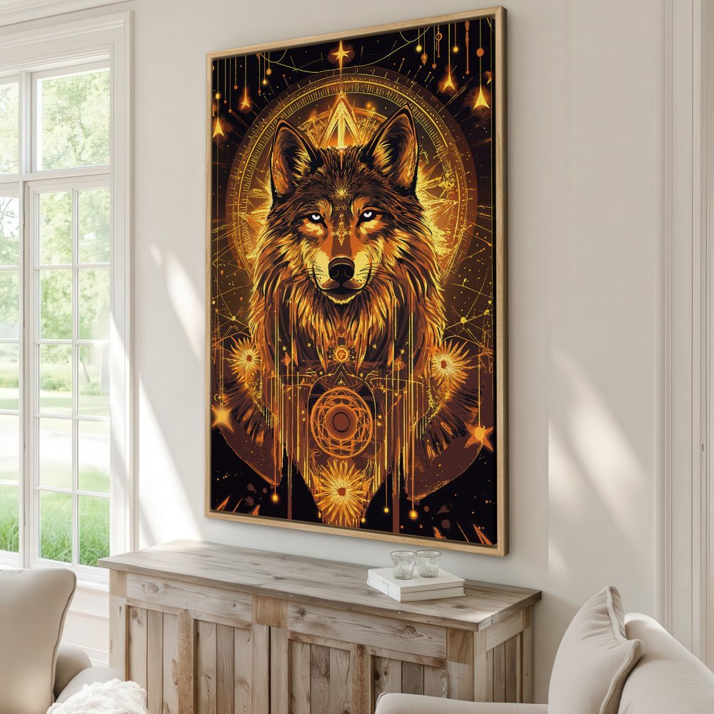 Framed Wall Art: Stunning wolf portrait in a mystical, golden style. Add a touch of magic with this canvas print!