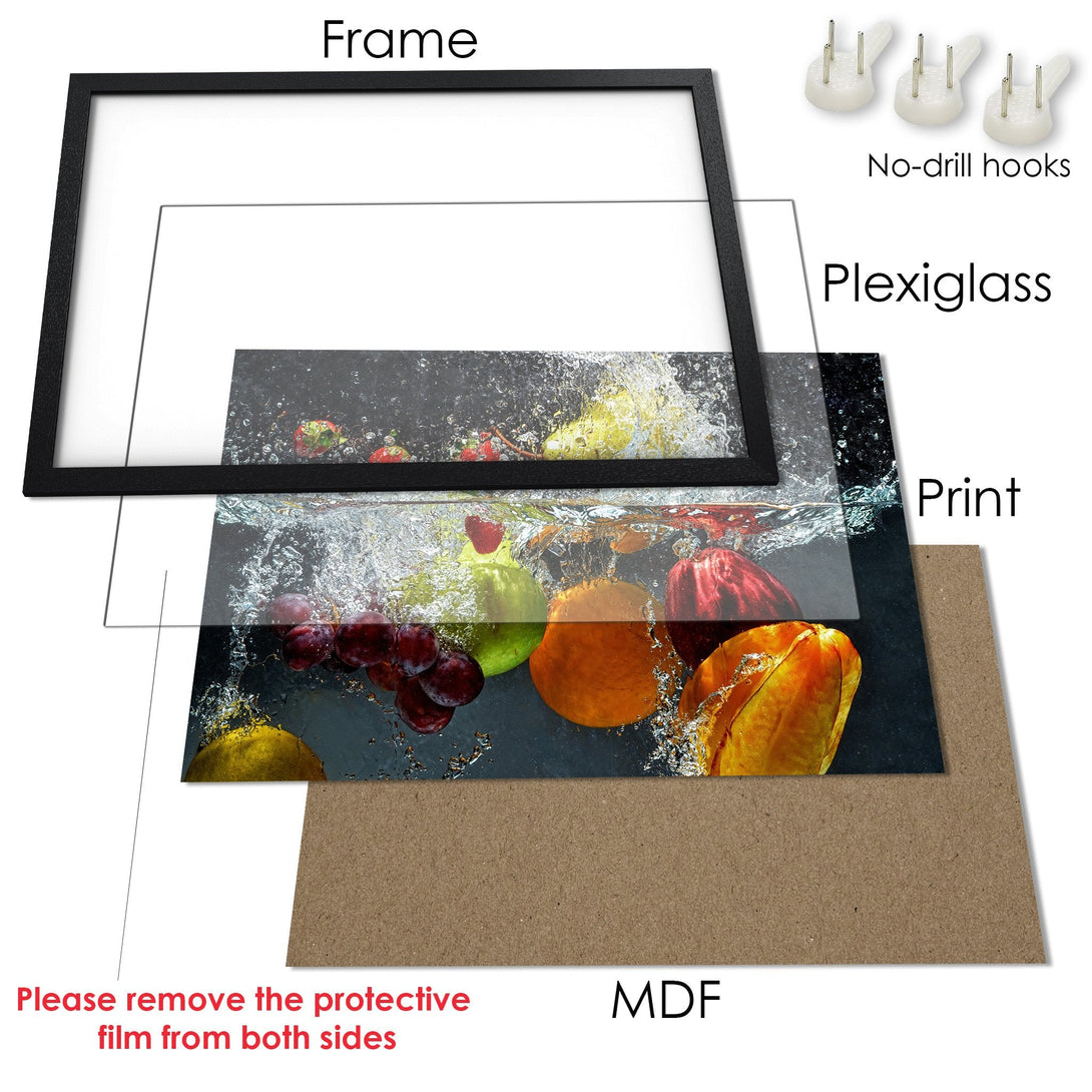 Framed Poster featuring a vibrant fruit splash. Modern style with a colorful palette of reds, yellows, and greens. Perfect wall art!