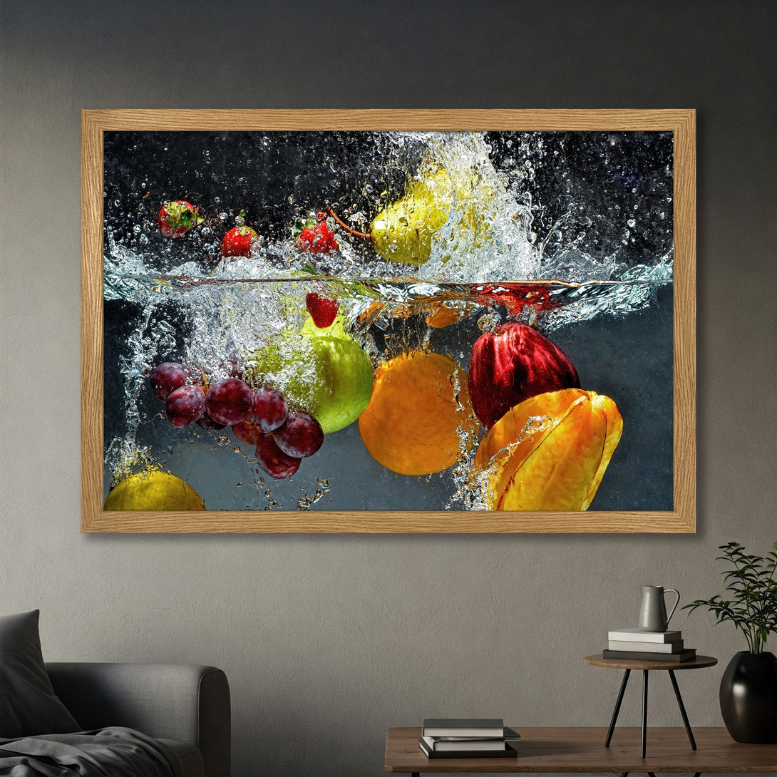 Framed Poster of vibrant fruit underwater splash art, modern style, featuring a colorful palette of red, yellow, green, and purple.