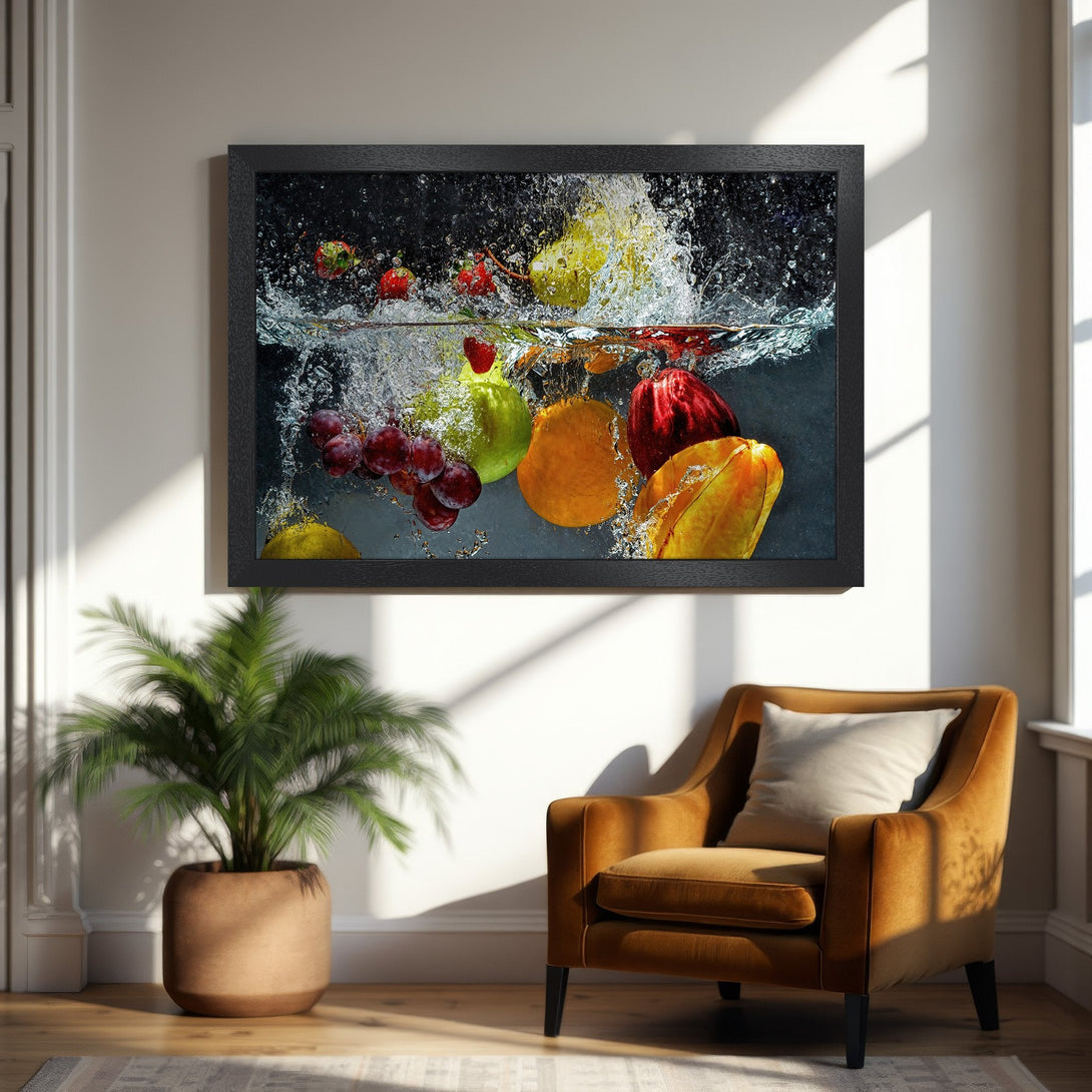 Framed Poster featuring vibrant fruit splash art, with a modern style and a colorful palette of reds, yellows, and greens.