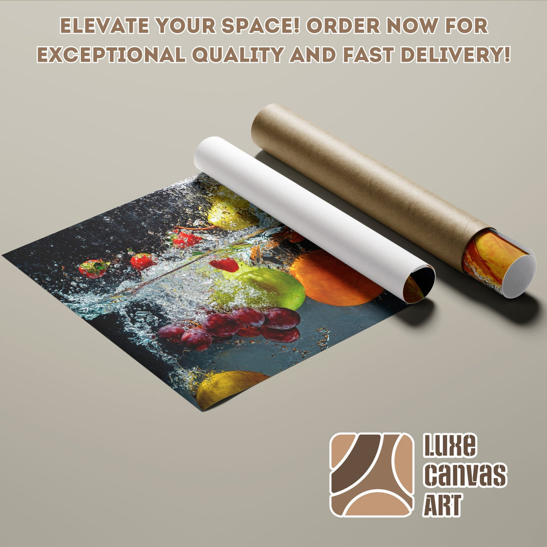Poster Roll featuring vibrant fruit in water splash art, with a dark, cool color palette.