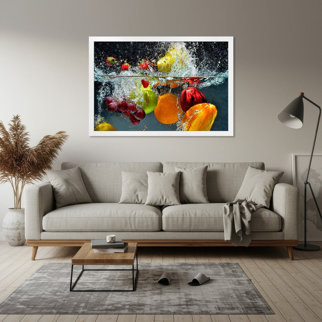 Framed Poster featuring vibrant fruit splash art, showcasing a colorful palette of reds, greens, and yellows. Modern style for kitchen decor.