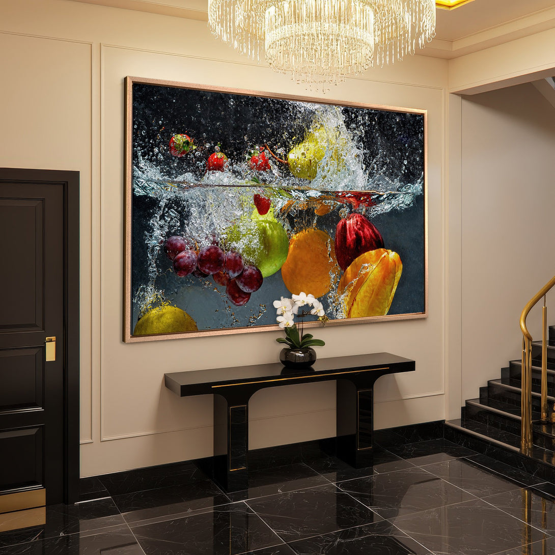 Framed Wall Art: Vibrant fruit splash canvas print in a modern foyer. Features a rich, colorful palette against a neutral background. Elevate your space!