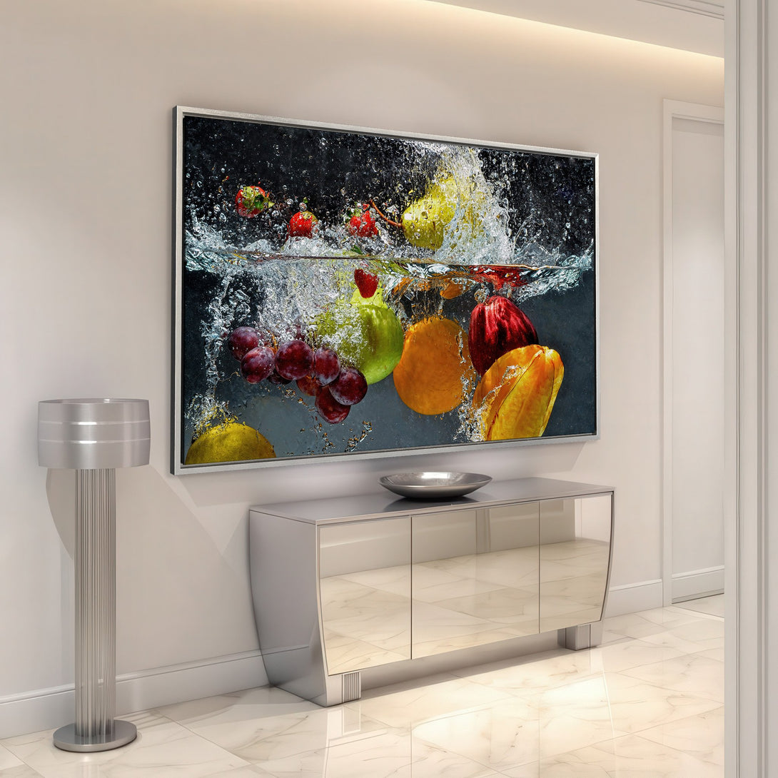 Framed Wall Art featuring vibrant fruit underwater. Modern, colorful Canvas Print with red, yellow, and green hues. Perfect for kitchen or dining room decor.