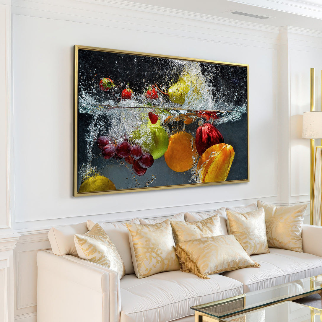 Canvas Print featuring a vibrant fruit splash art piece. Modern, colorful artwork with a dark background and bright fruit. Perfect for kitchen decor.
