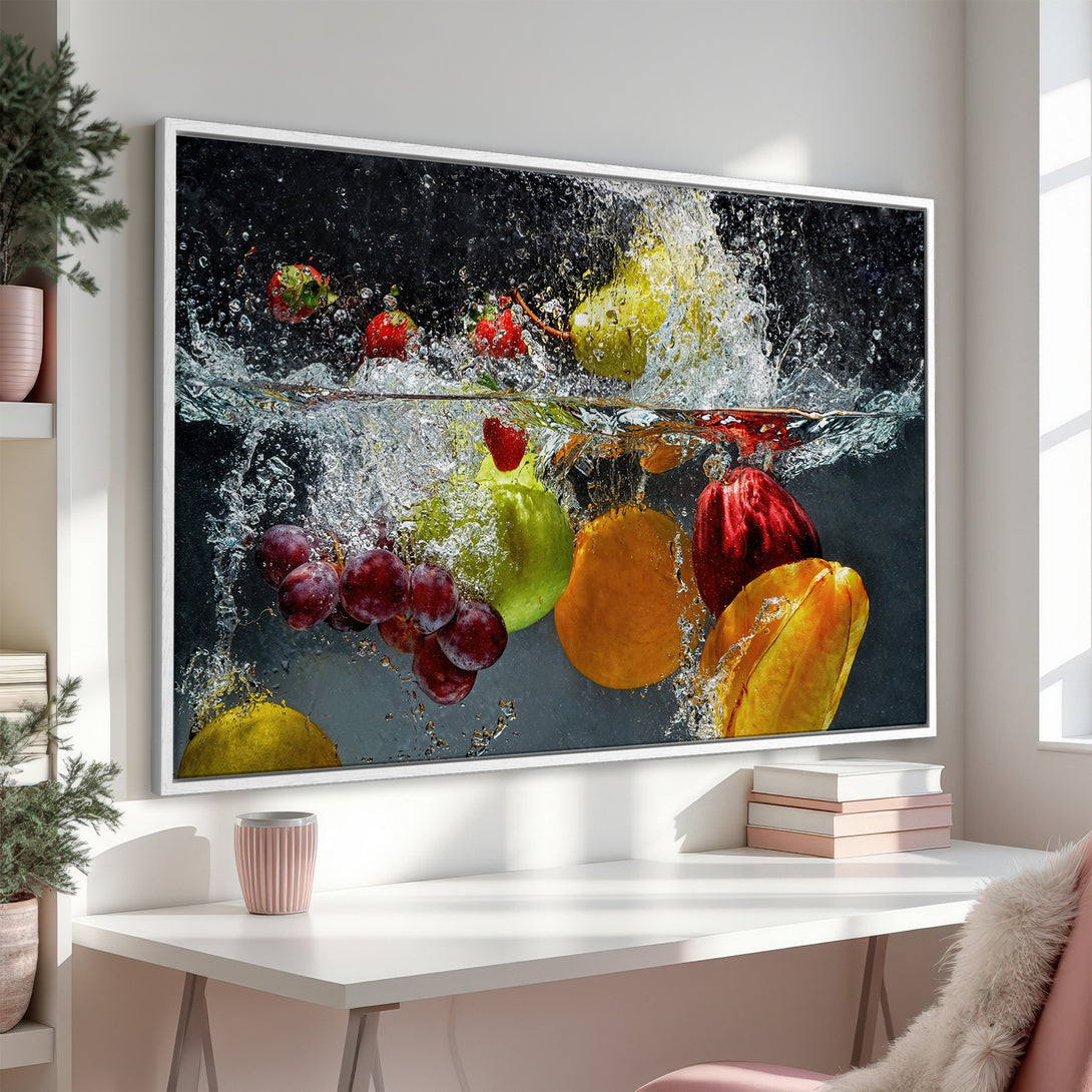 Framed Wall Art: Vibrant fruit splash canvas print. Modern style, showcasing red, yellow, and green fruits in water. Perfect kitchen or dining room decor.