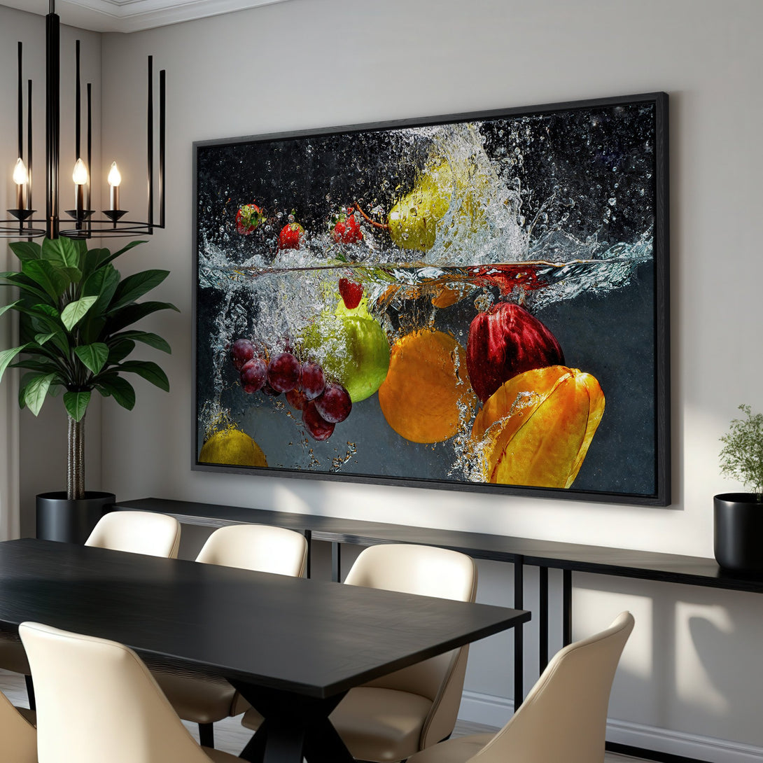 Framed Wall Art: Vibrant fruit splash canvas print in a modern dining room. Features a colorful palette of red, yellow, and green against a dark background.