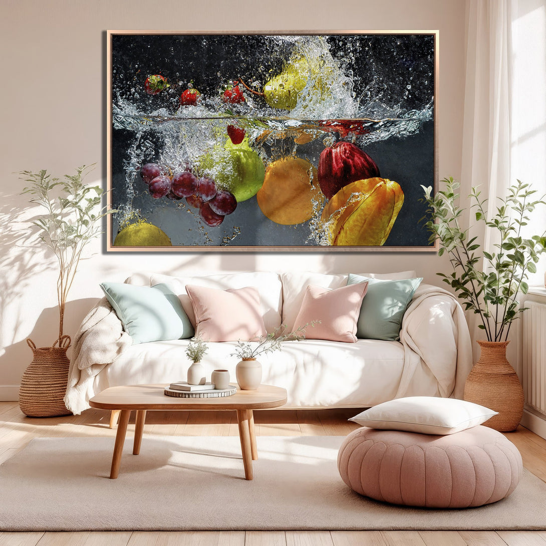 Framed Wall Art of vibrant fruit splash in water. Modern style with a splash of color. Perfect for kitchen or dining room decor.