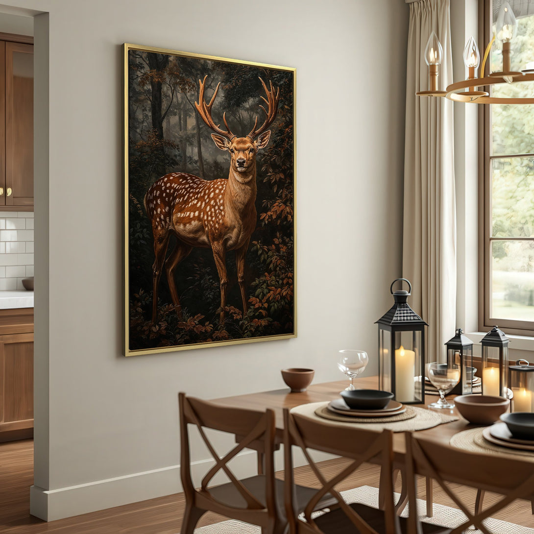 Canvas Print of a majestic deer in a forest, warm earth tones. Rustic style wall art for a cozy interior.
