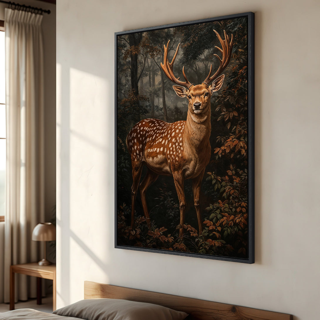 Framed Wall Art: Majestic deer in a forest scene. Earthy tones and vintage style create a warm, inviting aesthetic for your home decor.