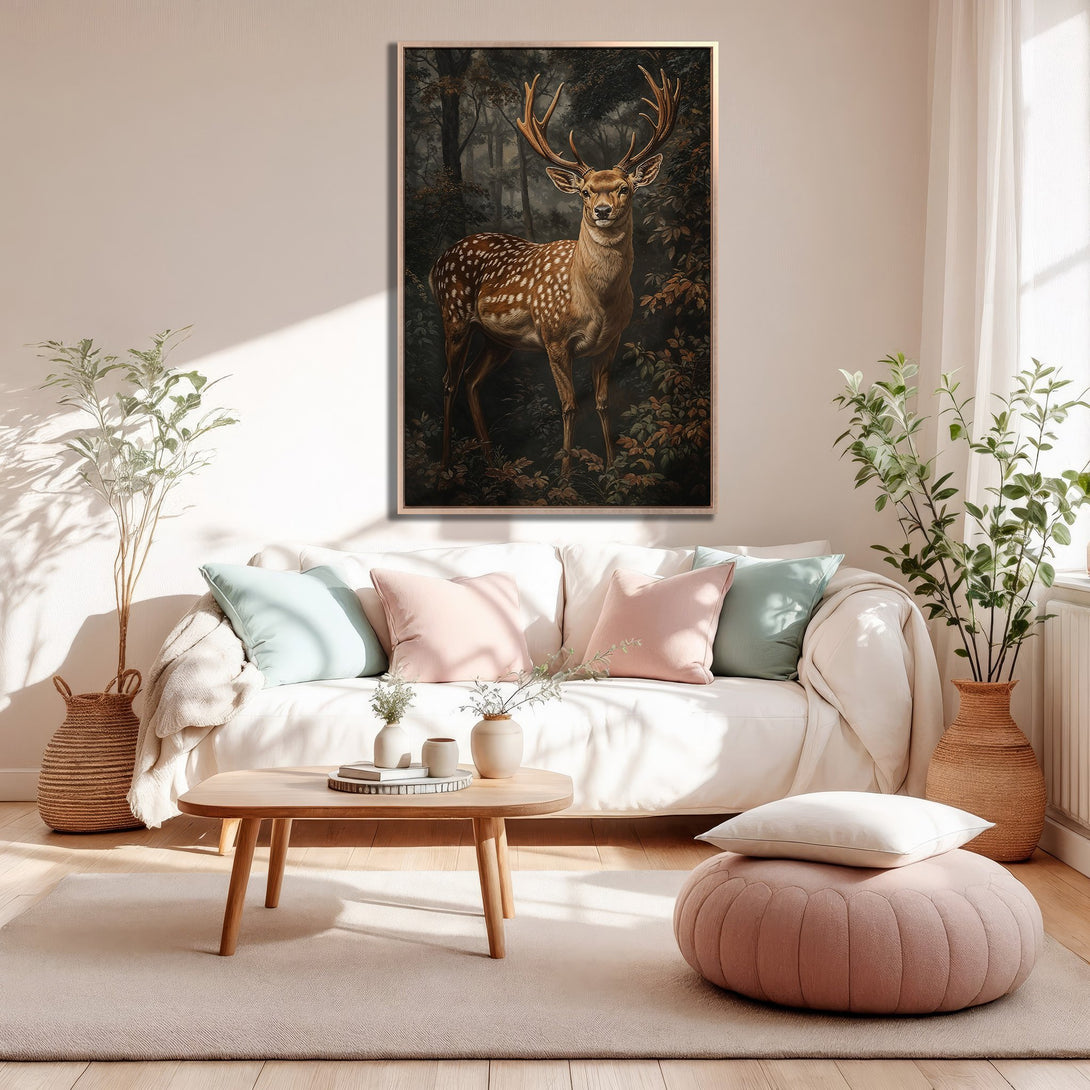 Framed Wall Art: Majestic deer in a forest scene. Earthy tones and natural style create a cozy, elegant living room. Shop our canvas print collection today!