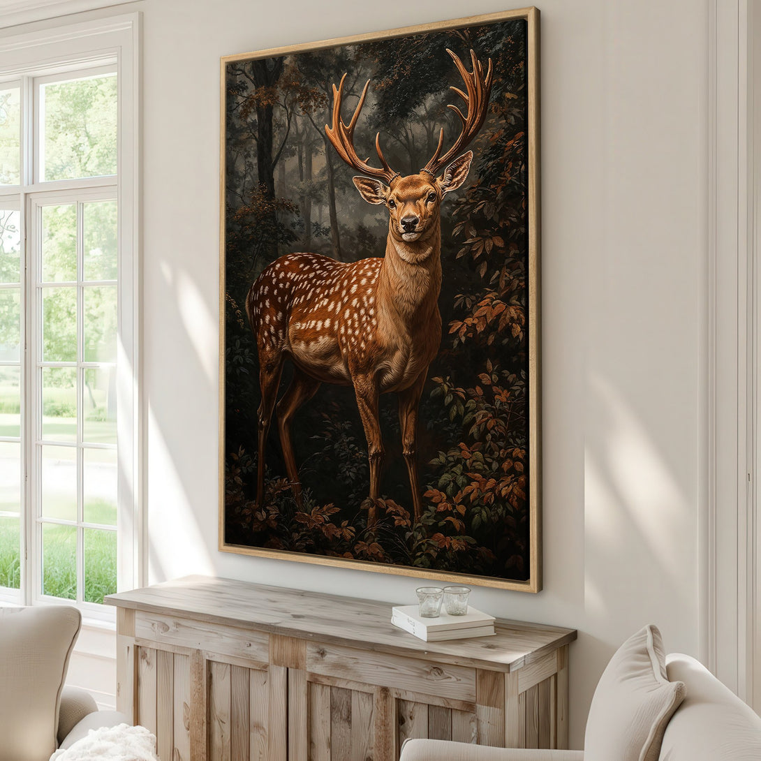 Framed Wall Art of a majestic deer in a forest. Warm, earthy tones create a cozy ambiance. Perfect for adding a touch of nature to your home decor.