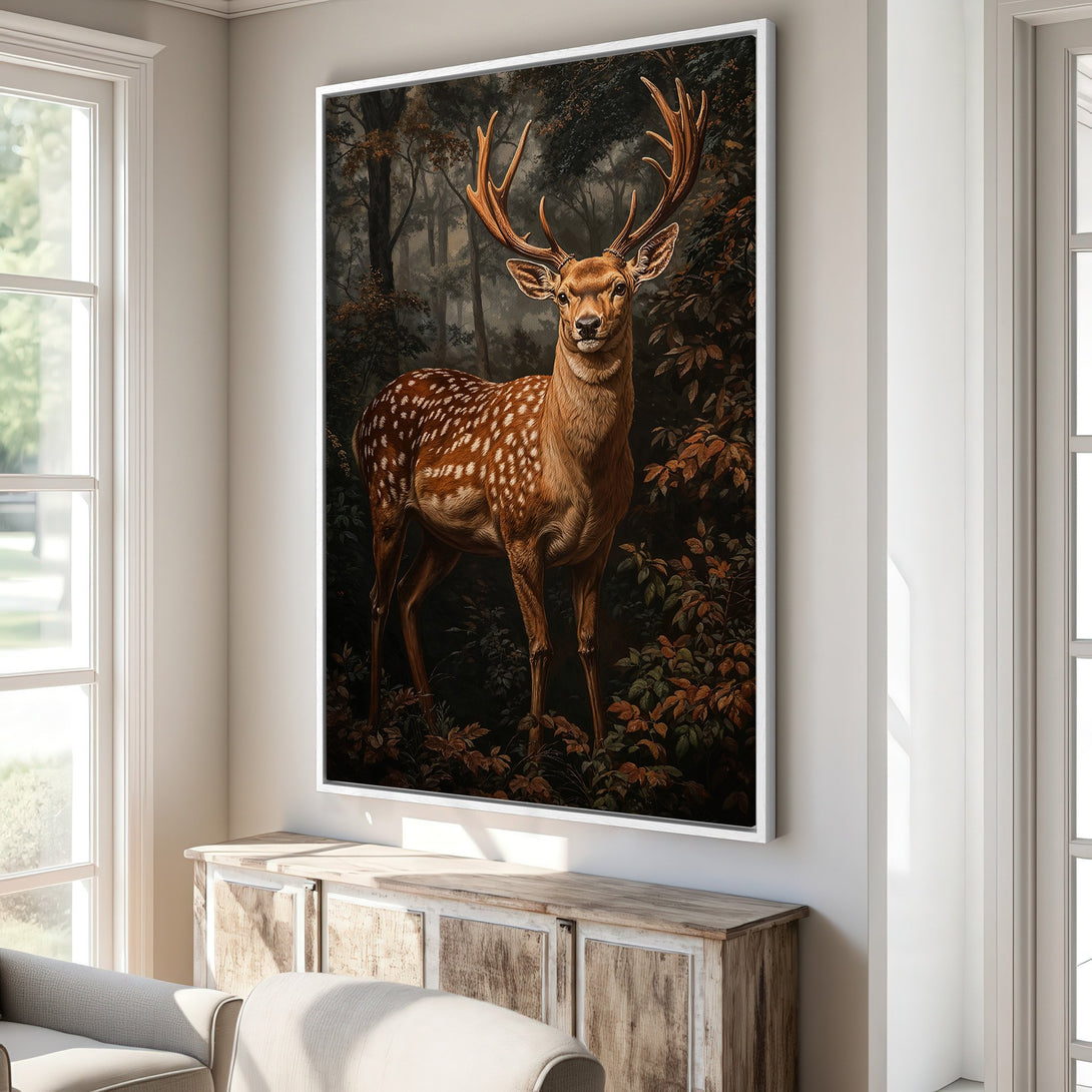 Framed Wall Art featuring a majestic deer in a forest setting. Earthy tones of brown, green, and gold create a warm, inviting ambiance. Perfect for nature lovers!
