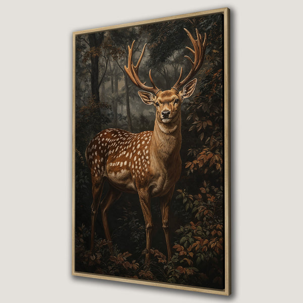 Framed Wall Art featuring a majestic deer in a forest setting, painted in a classic style with a warm, earthy color palette. Perfect for nature lovers.