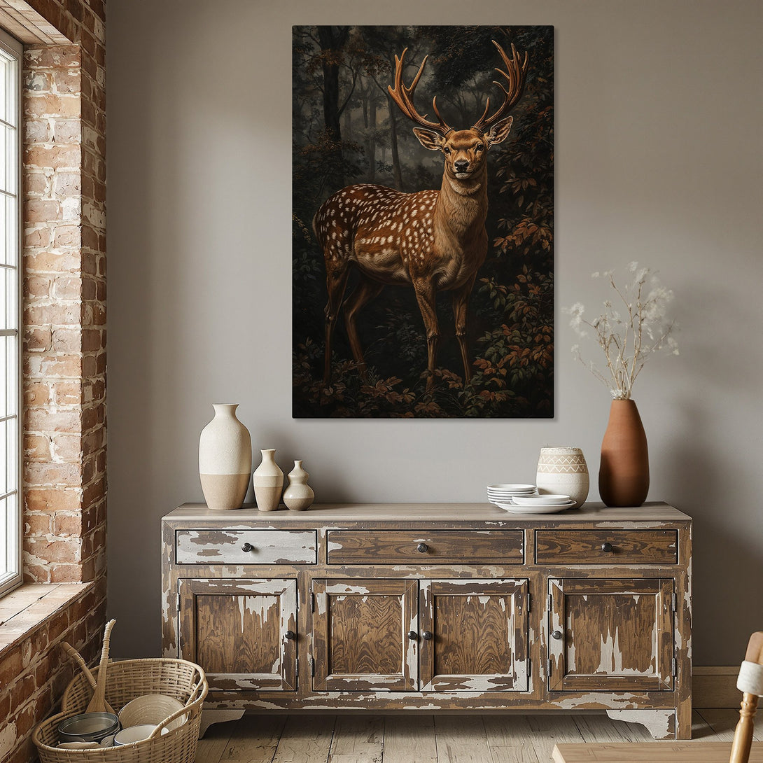 Framed Wall Art featuring a majestic deer in a forest scene. Earthy tones of brown, gold, and green create a warm, inviting ambiance.