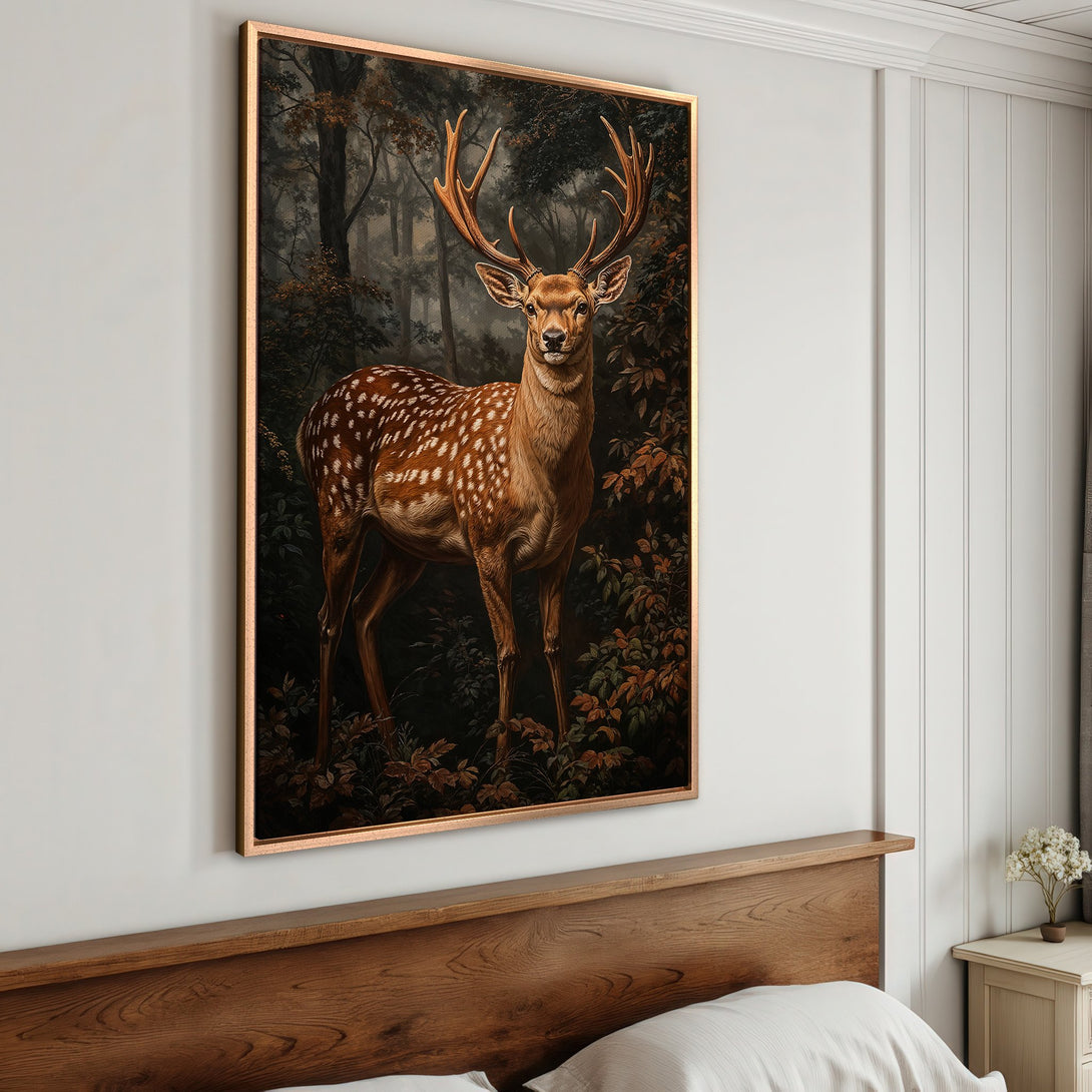 Framed Wall Art: Majestic deer in forest, warm earth tones. Rustic canvas print adds elegance to any room. Shop now for stunning wildlife art!