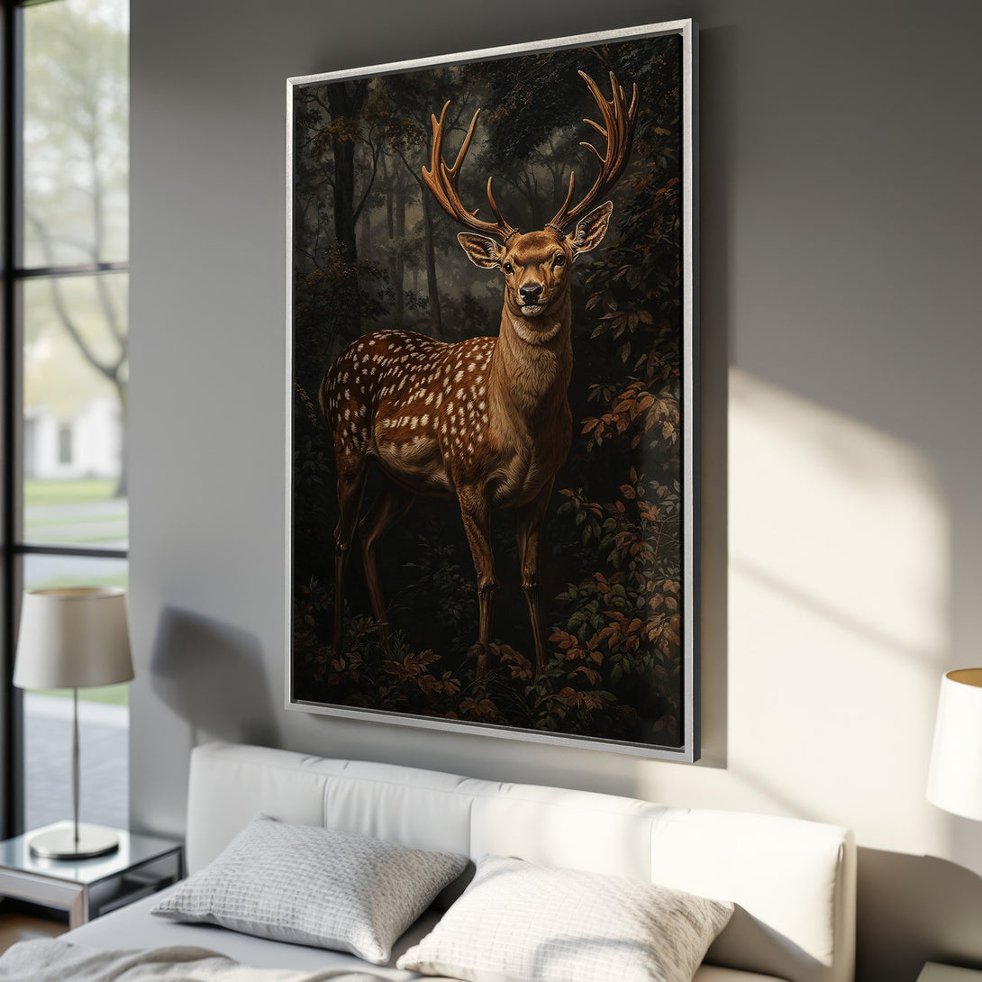Framed Wall Art: Majestic deer in a forest scene. Earthy tones & dark background create a dramatic, elegant look. Perfect for adding a touch of nature to your home.