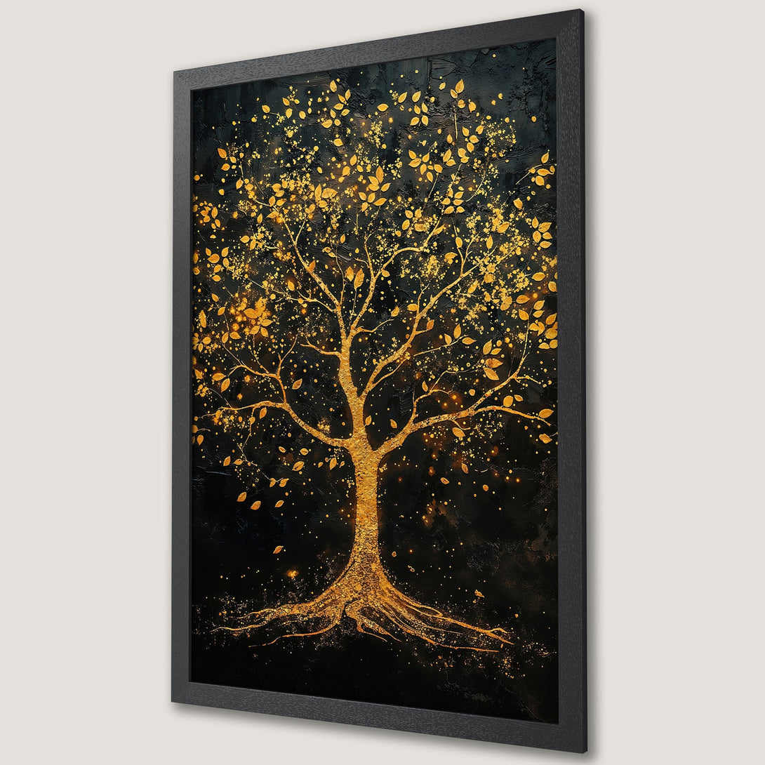 Framed Poster featuring a golden tree on a black textured background, elegant art print, gold and black color palette.