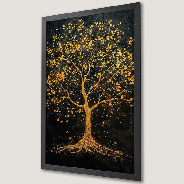 Framed Poster featuring a golden tree on a black textured background, elegant art print, gold and black color palette.