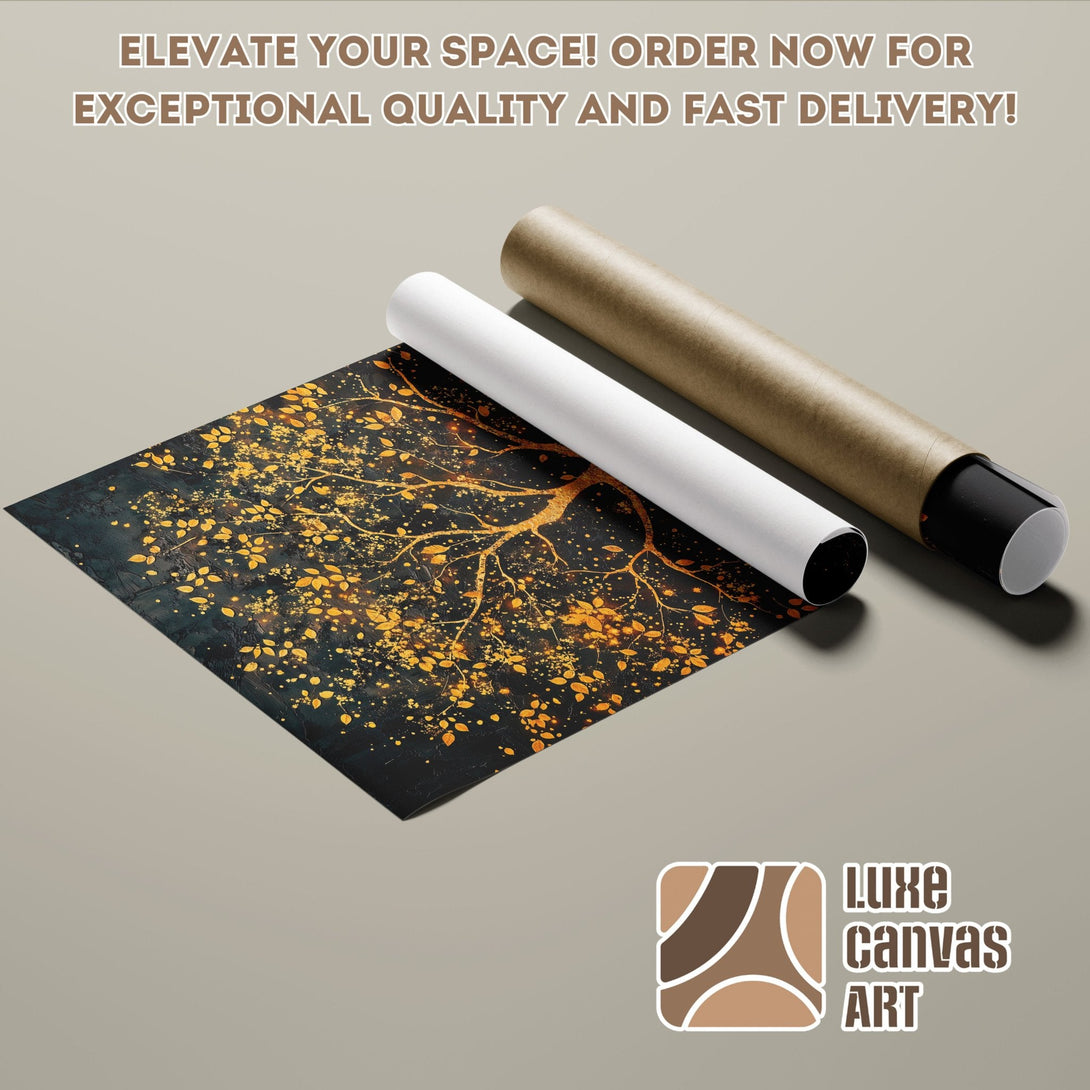 Abstract tree poster roll in gold and black. Elevate your space with Luxe Canvas Art!