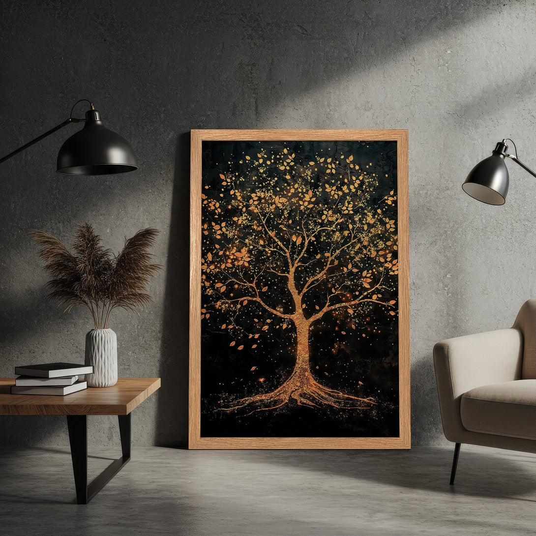 Framed Poster featuring a golden tree art print on a black background. Modern style, warm color palette. Perfect wall decor.