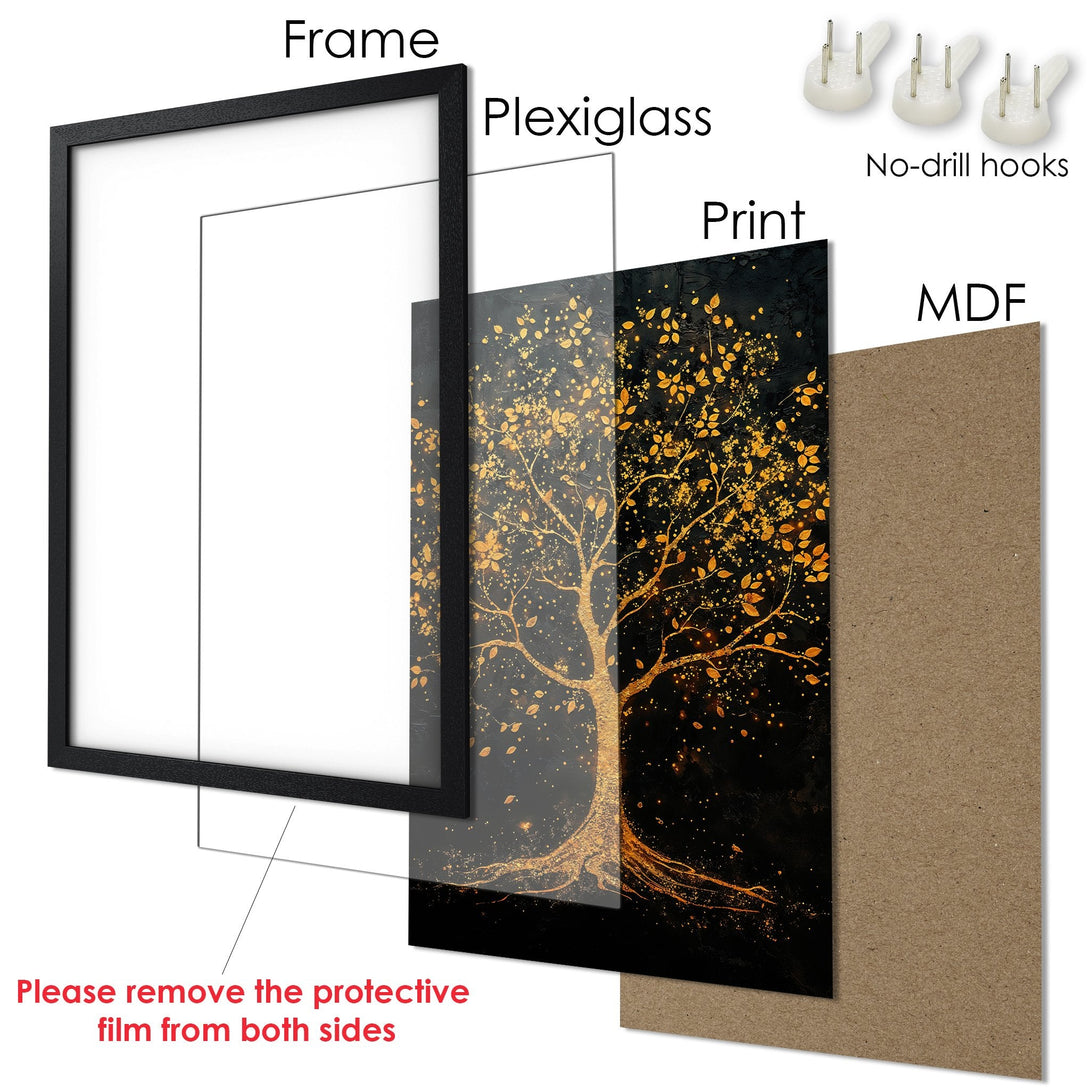 Framed Poster featuring a golden tree on a black background. Elegant art print with a warm, inviting color palette. Ready to hang!