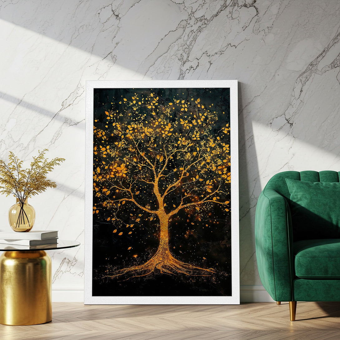 Framed Poster featuring a golden tree against a dark background. Elegant art print with a warm, rich color palette. Enhance your home decor!