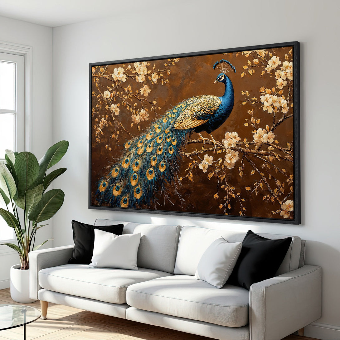 Framed Wall Art: Majestic peacock canvas print in a warm brown and blue palette. Perfect for adding elegance and style to your living room.