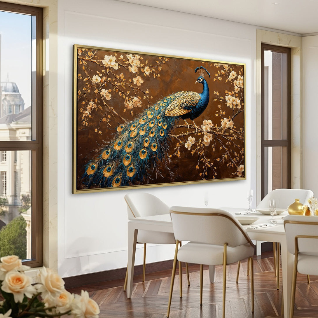 Canvas Print of a peacock on a branch, featuring a rich brown and blue color palette. Elegant wall art for a sophisticated home.