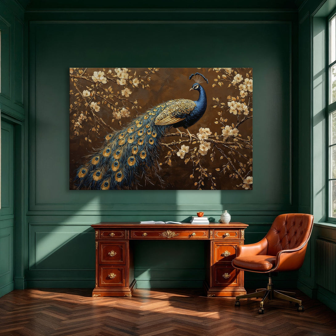 Framed Wall Art: Elegant peacock painting with a brown and gold color palette. Perfect for adding a touch of luxury to your dining room decor.