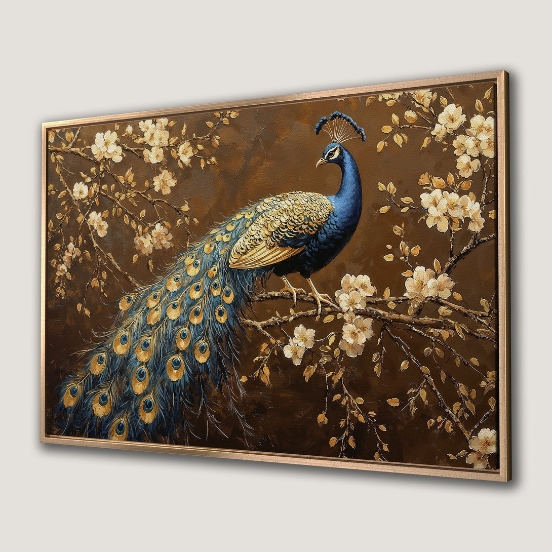 Framed Wall Art: Majestic peacock painting in a rich brown and gold palette. Elegant floral design, perfect for home decor. Shop now!