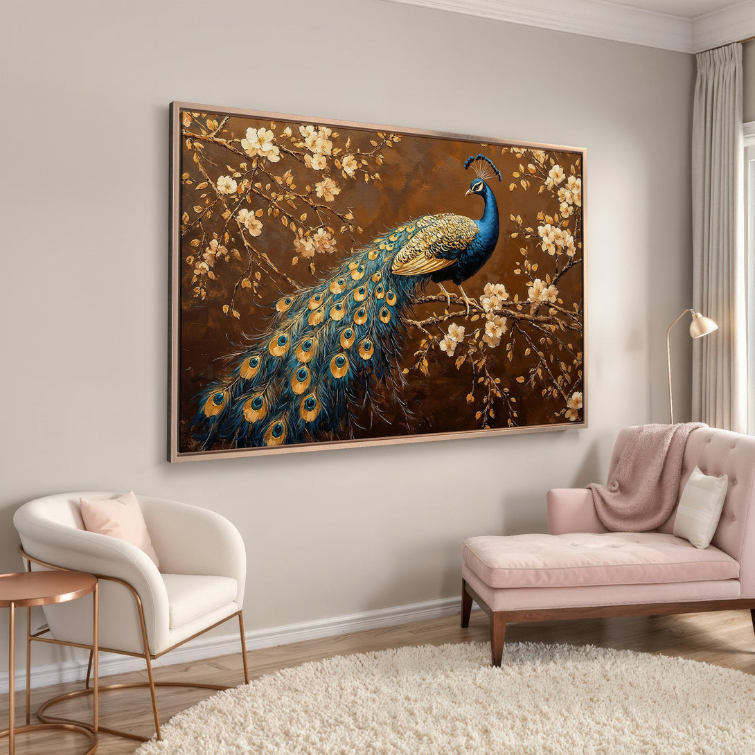 Framed Wall Art: Elegant peacock painting in brown, gold, and blue hues. Perfect for adding a touch of luxury to your living room decor.
