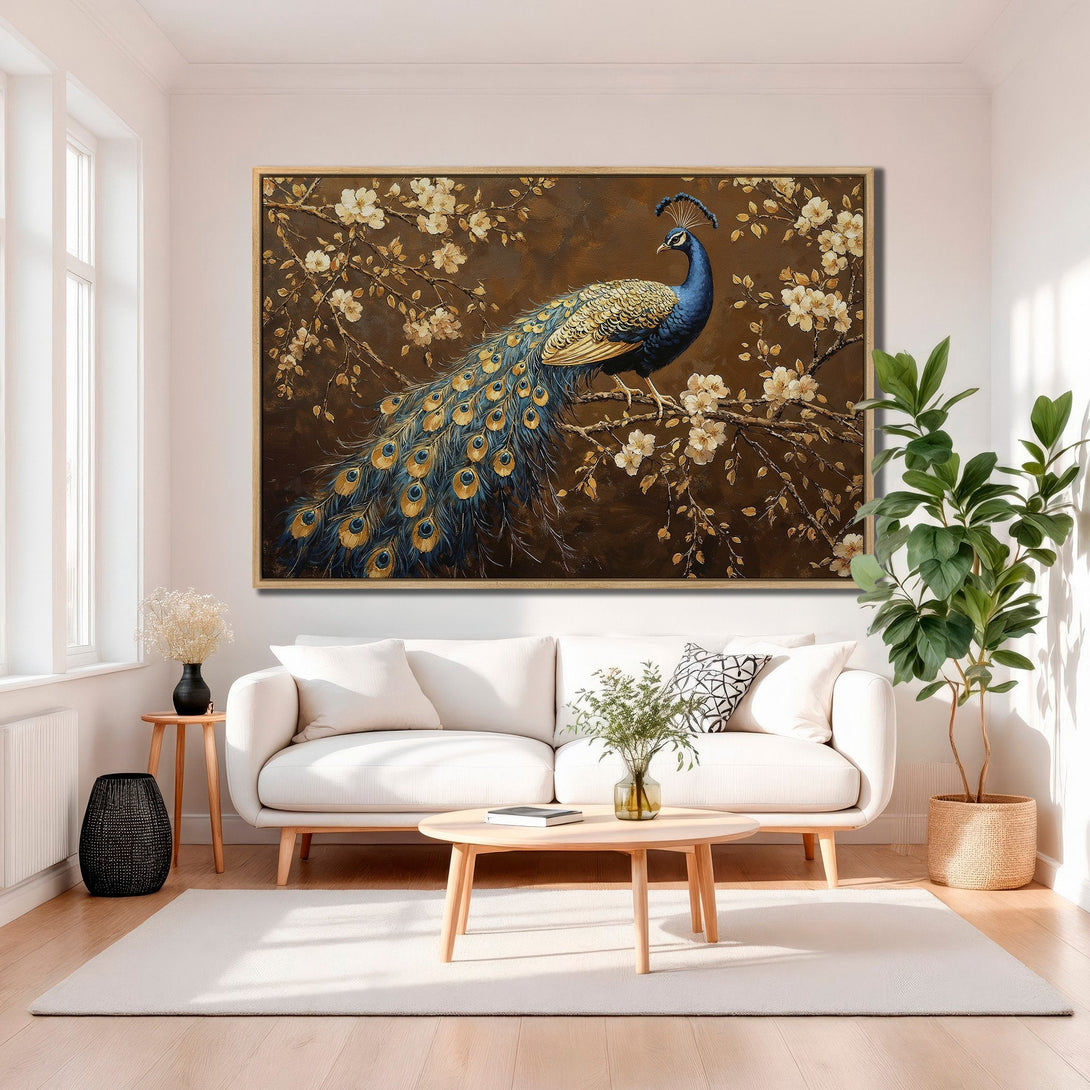 Framed Wall Art: Majestic peacock canvas print in a warm brown and blue palette, adding elegance to any interior. Perfect for living room decor!