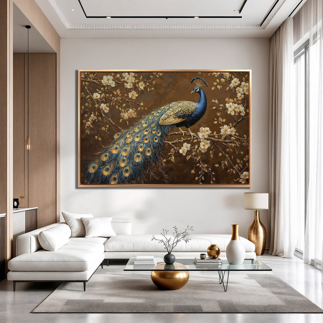Framed Wall Art: Majestic peacock painting in rich blues & golds, set against a warm brown background. Elegant decor for any living space.