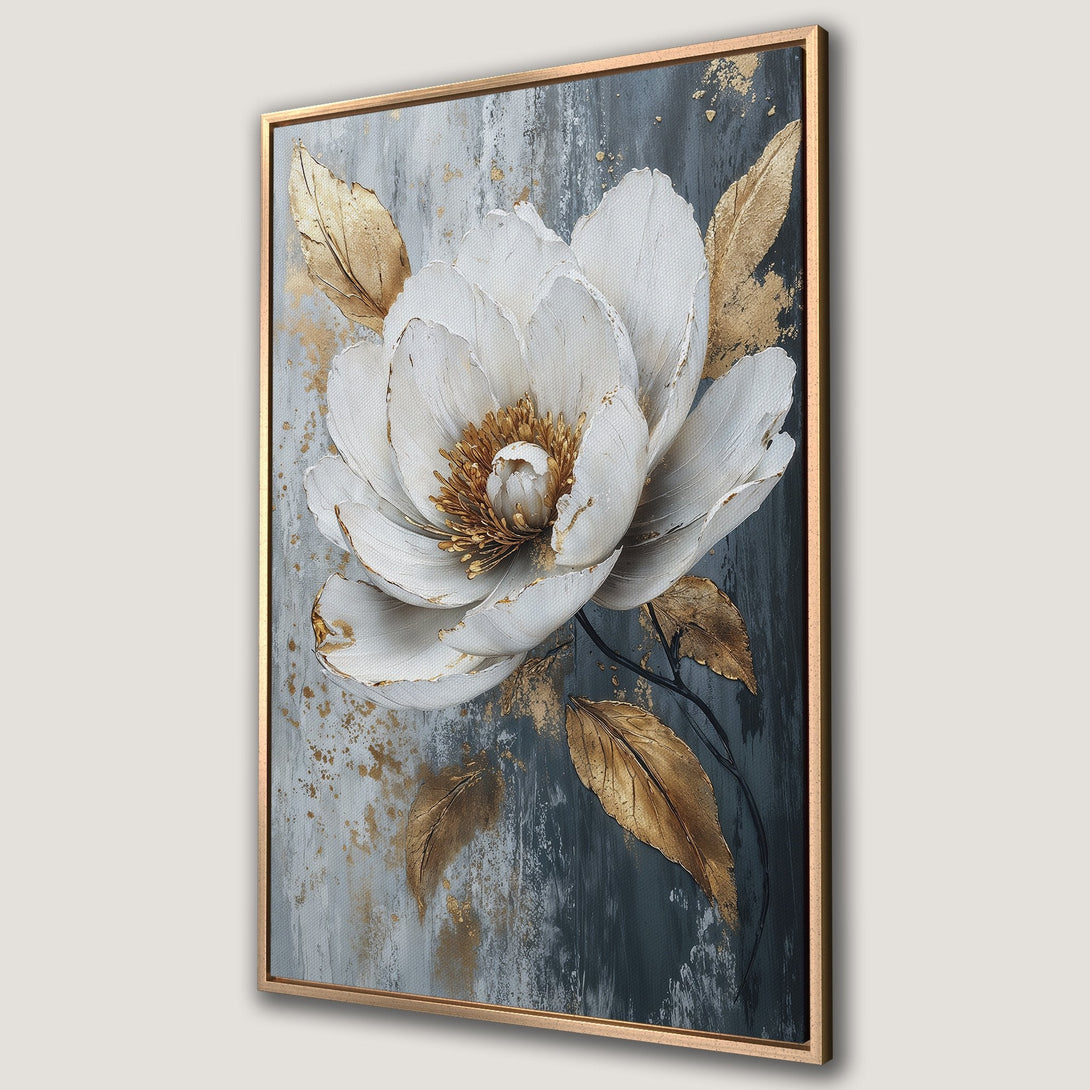 Framed Wall Art featuring a textured white flower with gold accents on a gray and teal background. Modern floral canvas print.