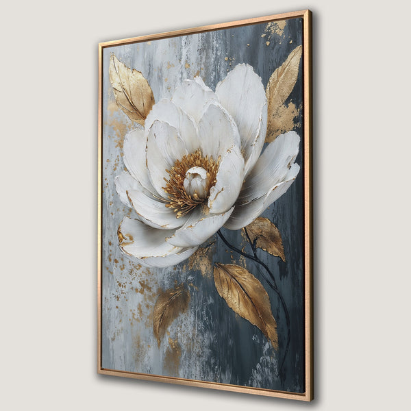Framed Wall Art featuring a textured white flower with gold accents on a gray and teal background. Modern floral canvas print.