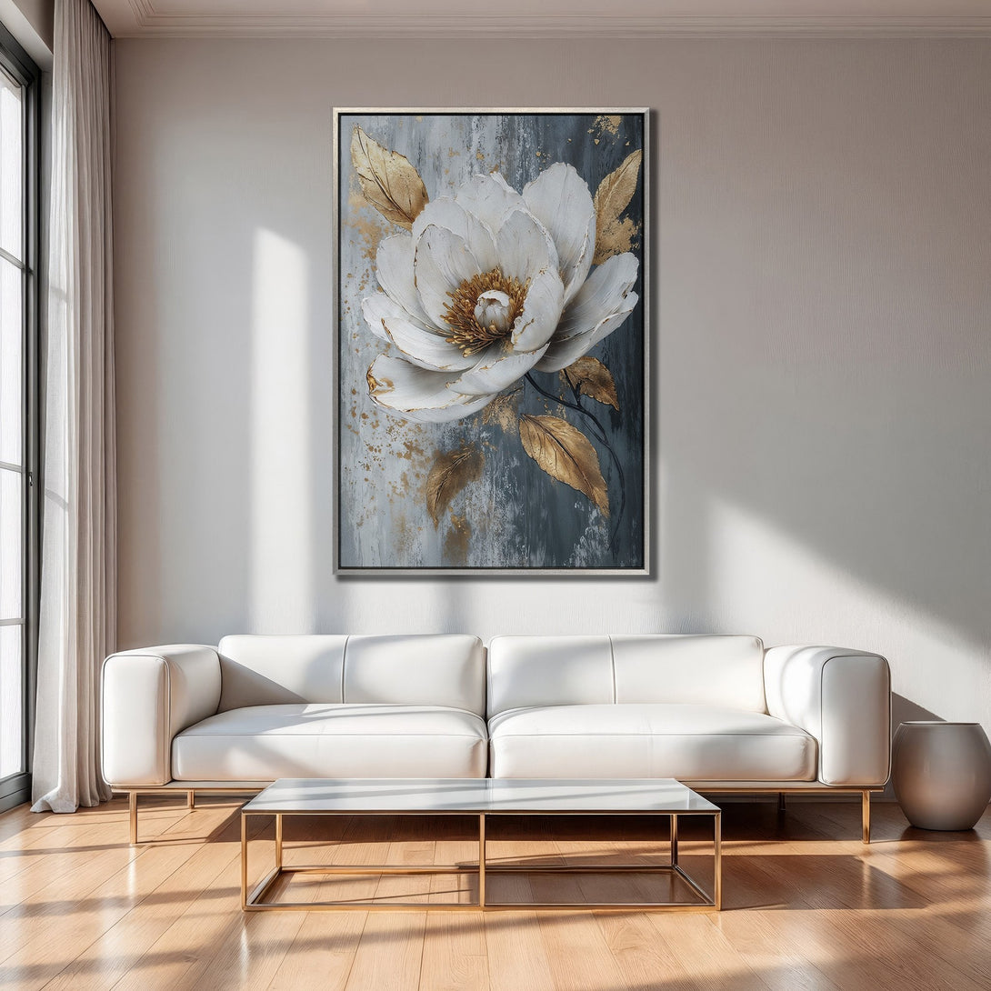 Framed Wall Art: Elegant floral canvas print in neutral tones with gold accents. Perfect for modern living room decor.