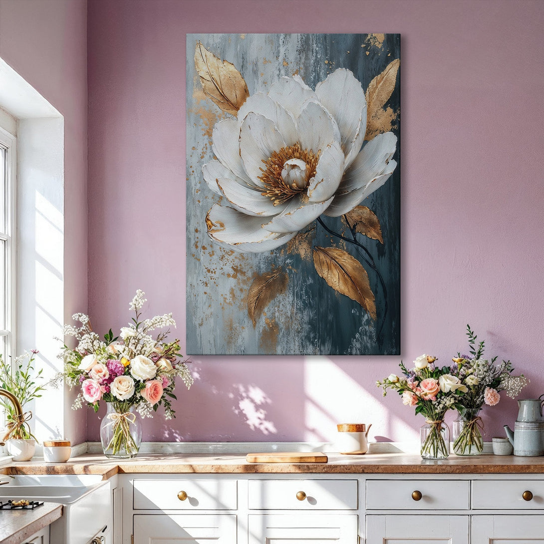 Framed Wall Art: Elegant floral canvas print in white, gold, and gray tones. Modern abstract style perfect for living room decor. Shop now!