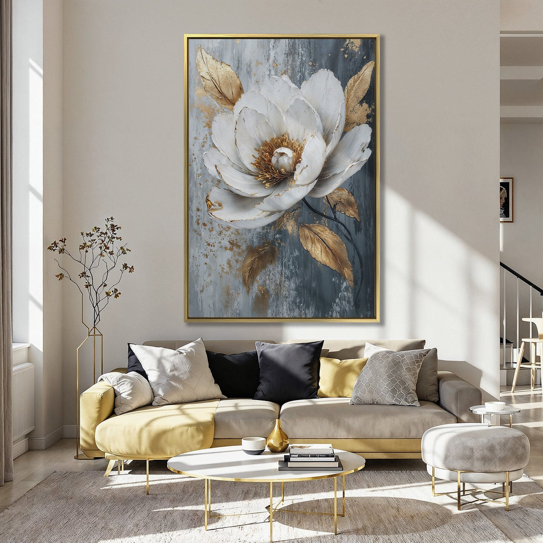 Canvas Print of a large white floral painting with gold accents, displayed in a kitchen. Features a neutral, elegant color palette.