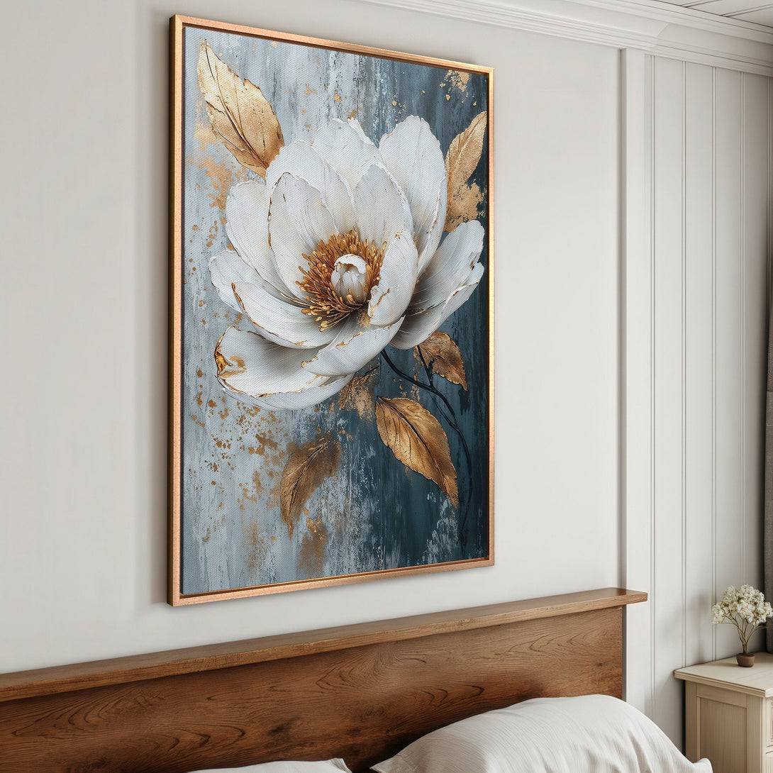 Framed Wall Art: Elegant white floral canvas print with gold accents. Modern style, teal and gold color palette, perfect for bedroom decor.