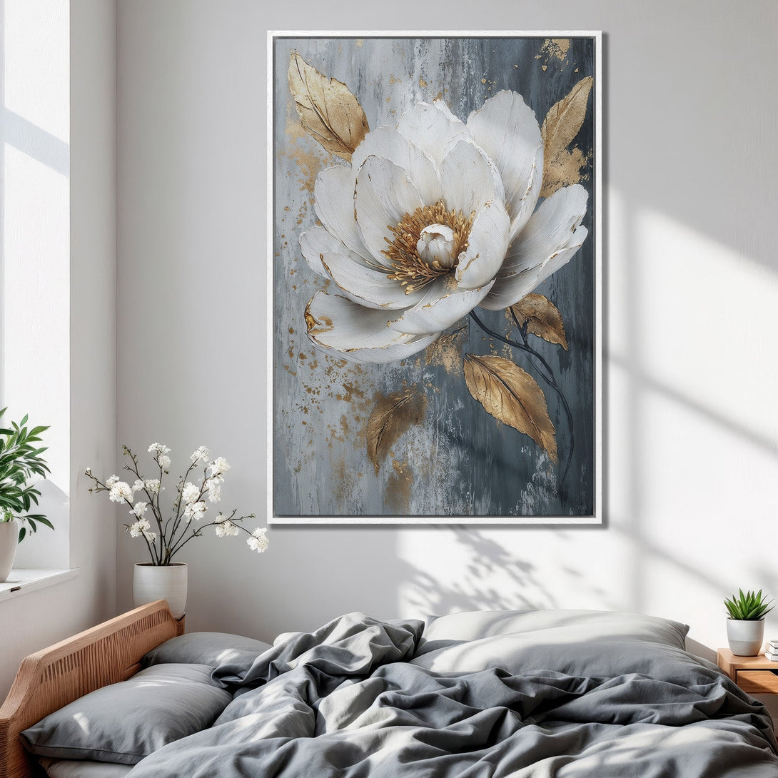 Framed Wall Art: White flower with gold accents on a gray background. Modern floral canvas print for bedroom decor. Neutral color palette.