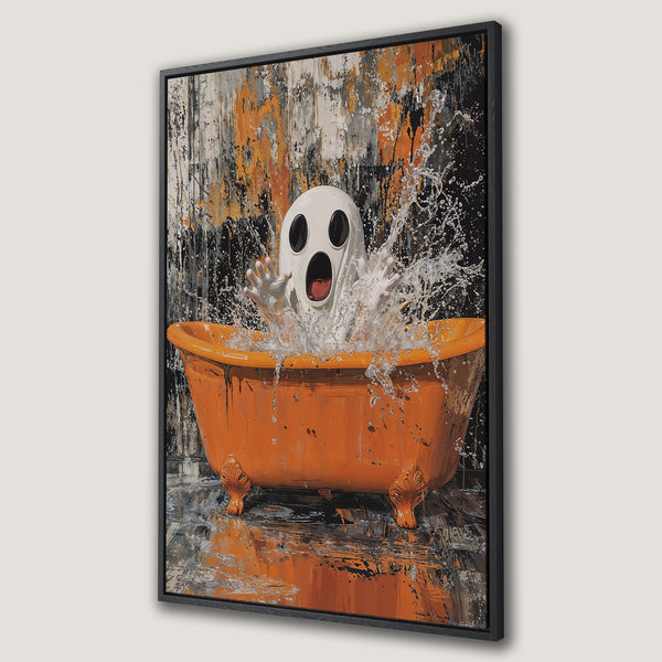Framed Wall Art of a ghost in an orange bathtub with splash art. Modern, abstract style with orange, black, and white color palette. Perfect for Halloween decor.