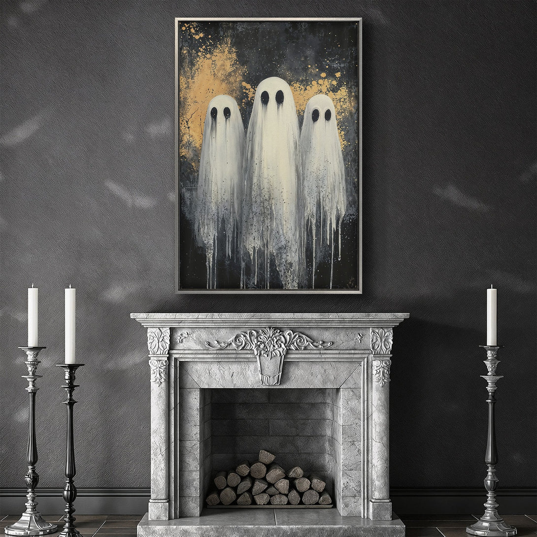 Framed Wall Art featuring spooky ghost art in a dark, moody interior. Abstract style with black, white, and gold color palette. Perfect Halloween decor.