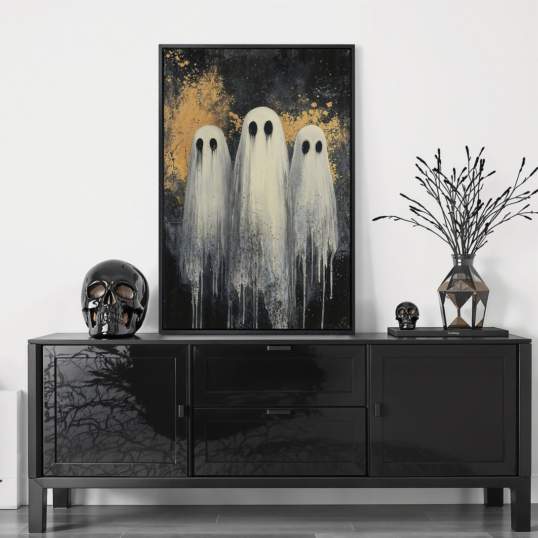 Framed Wall Art featuring spooky ghost art in a black, gold, and white color palette. Perfect Halloween decor or unique home accent.