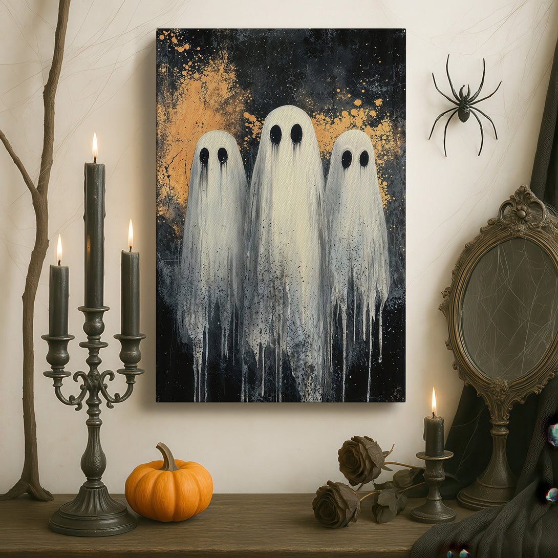 Framed Wall Art: Spooky ghost art in a gothic interior. Black, white, and gold color palette. Perfect for Halloween decor or adding a touch of the macabre.