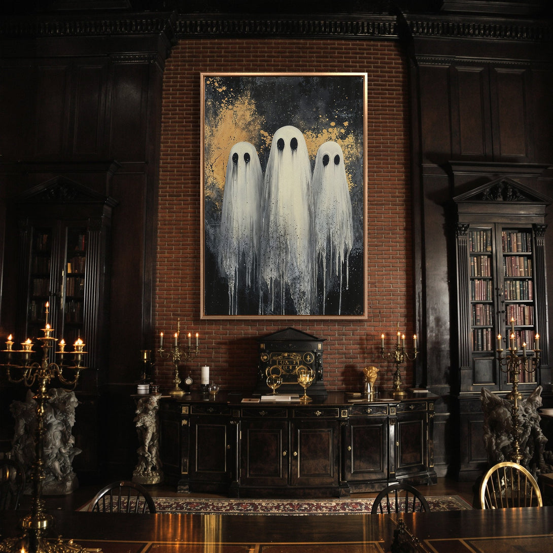 Framed Wall Art featuring ghostly figures in a dark, moody interior. Modern abstract style with a black, white, and gold color palette, perfect for Halloween decor.