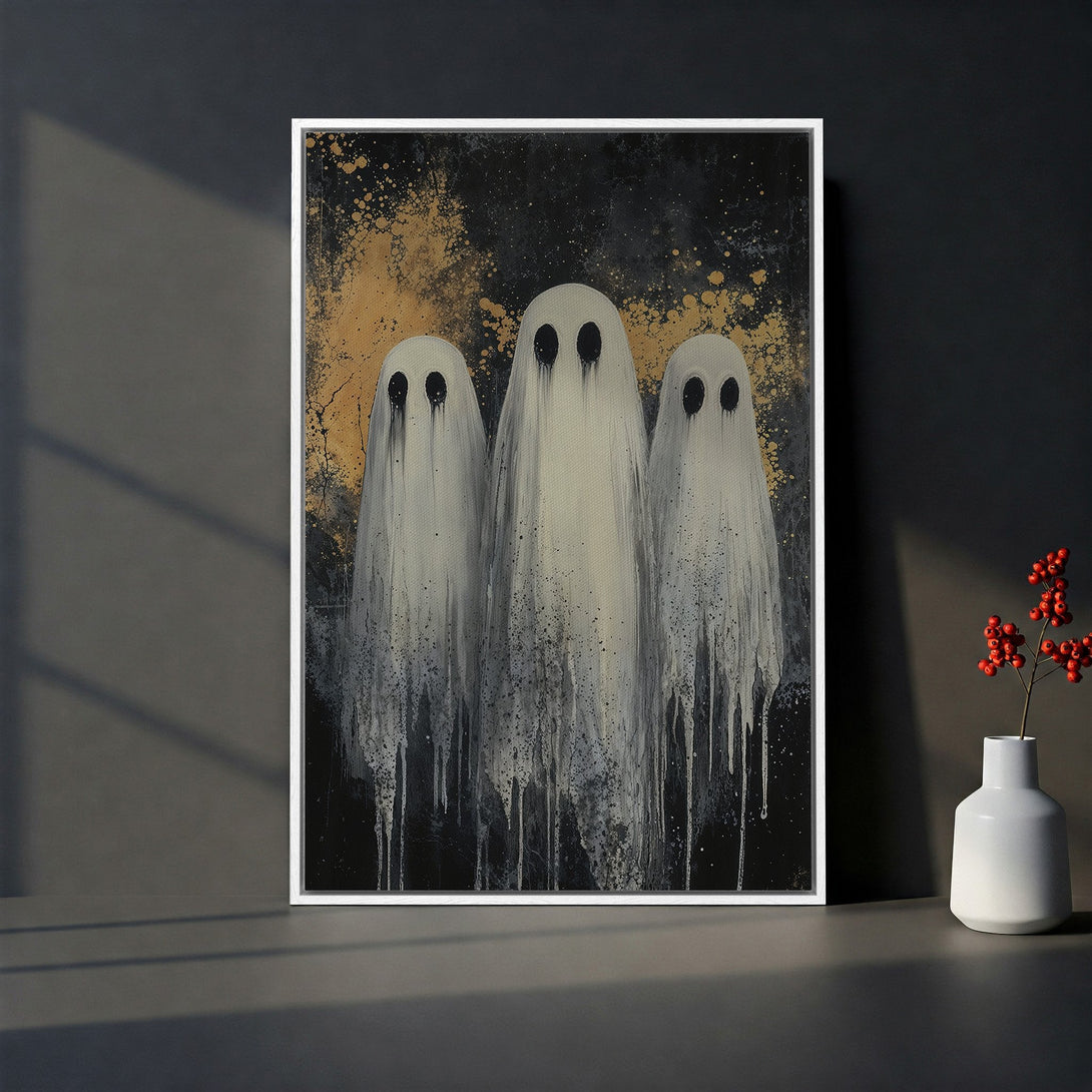 Framed Wall Art featuring spooky ghost art in a modern, abstract style with a black, white, and gold color palette. Perfect for Halloween decor!