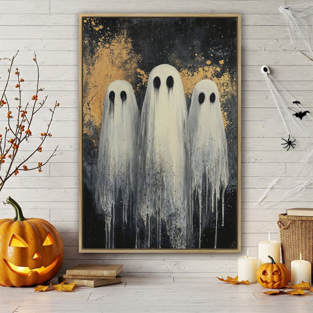 Framed Wall Art: Spooky ghost painting in black, white, and gold. Perfect Halloween decor for a modern, minimalist style. Add a touch of fright!